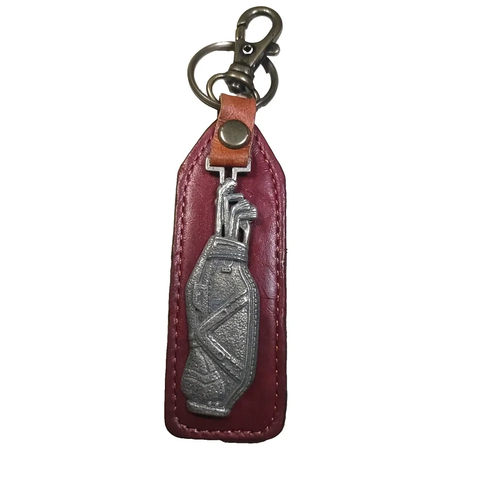Brown Leather Keychain Pewter Golf Bad Charm Clip